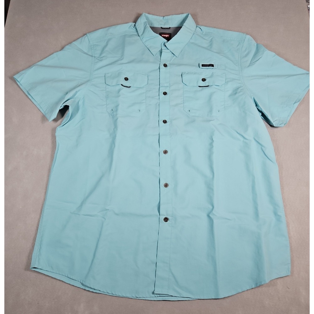 Wrangler Mens Teal Button Up Vented Short Sleeve Fishing Shirt Size XL